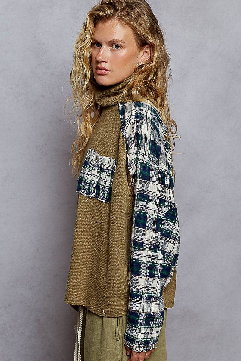 Cozy olive and tartan plaid turtleneck