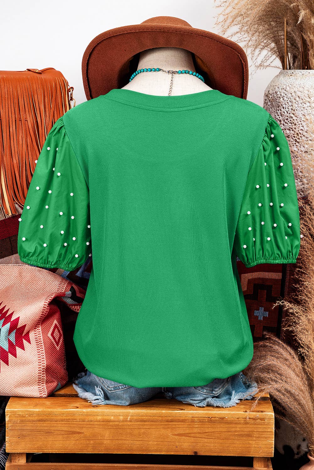 Ribbed Pearl Beaded Puff Sleeve Top