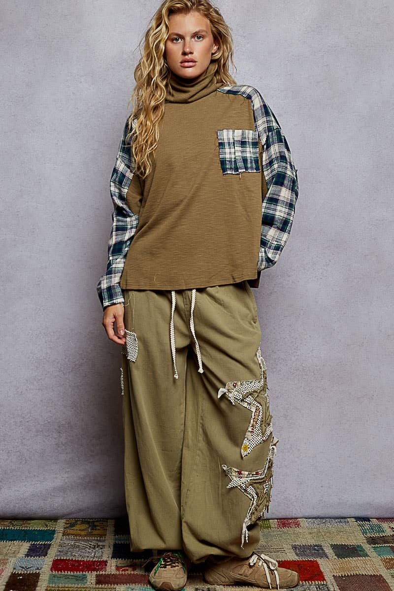 Cozy olive and tartan plaid turtleneck