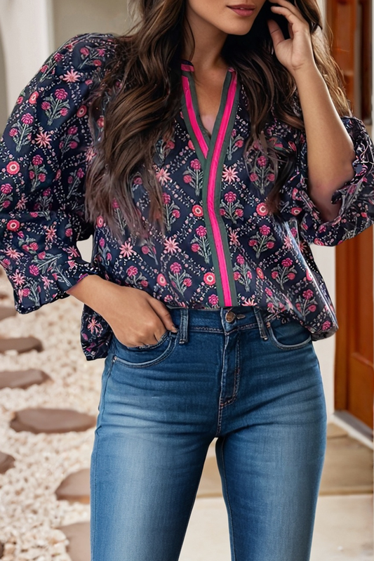 The Garden Café Blouse - Black & Pink Floral V-Neck Bracelet Sleeve Top