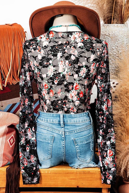 Floral Mesh Sheer Long Sleeve Top