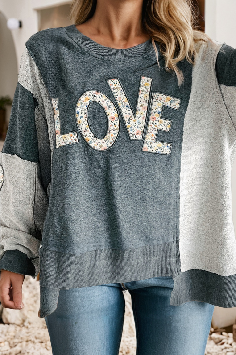 LDC LOVE Valentine Graphic Exposed Seam Patchwork Sweatshirt