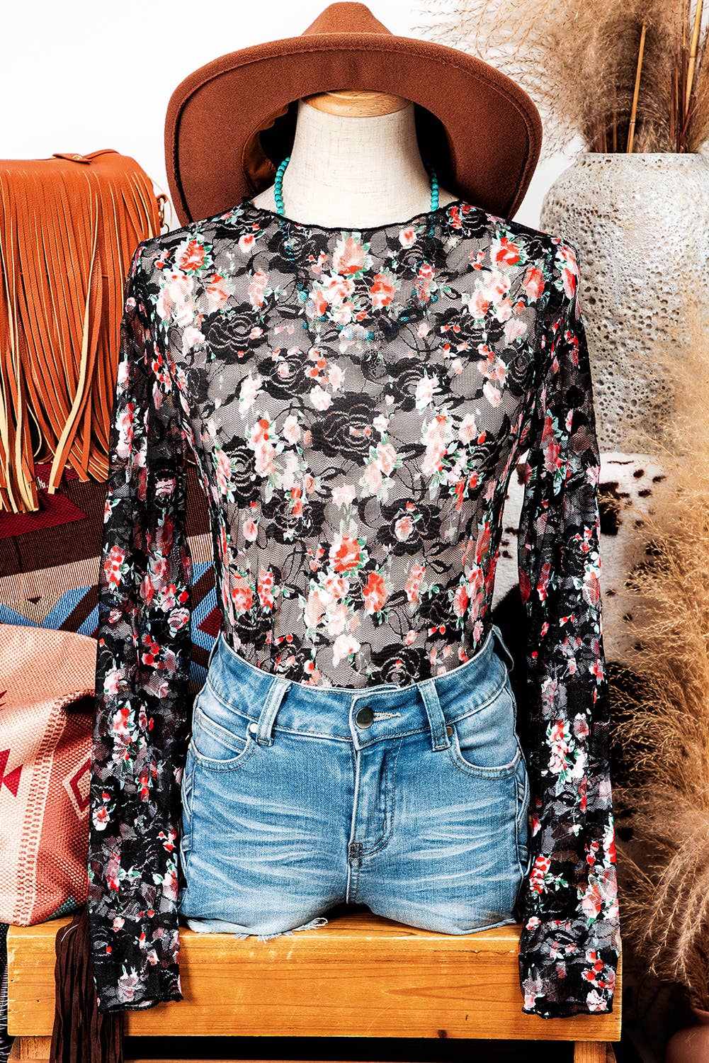 Floral Mesh Sheer Long Sleeve Top