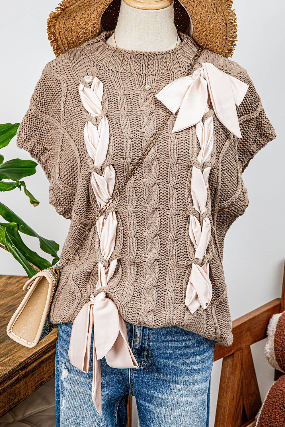 Cable Knit Satin Bowknot Short Sleeve Sweater
