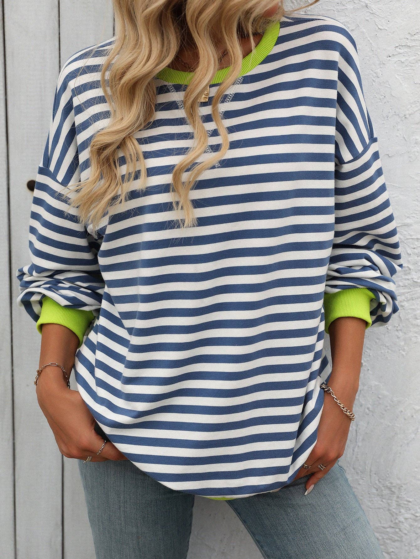 Striped Crew Neck Loose Sweatshirt