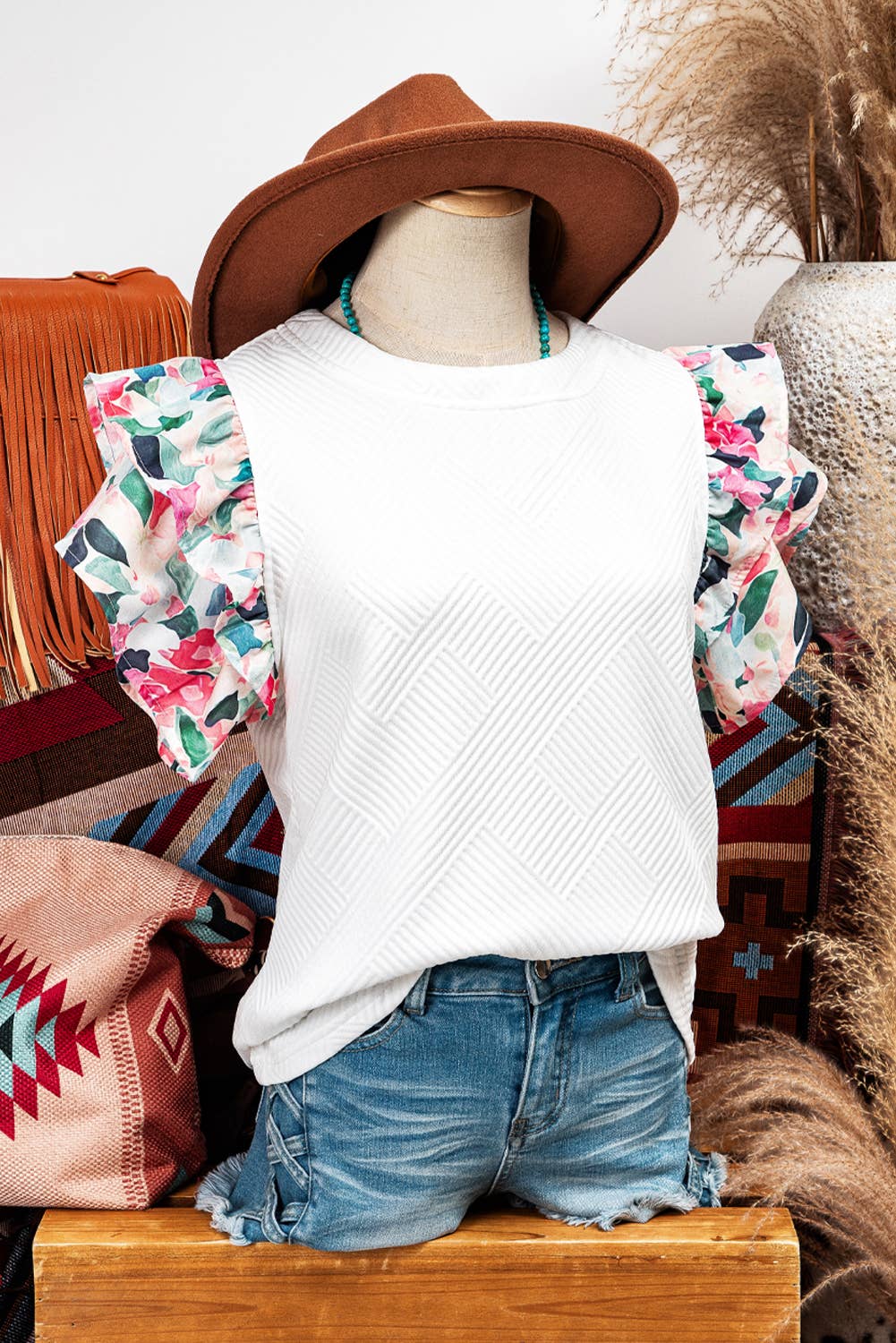 Abstract Tiered Ruffled Sleeve Textured Knit Top