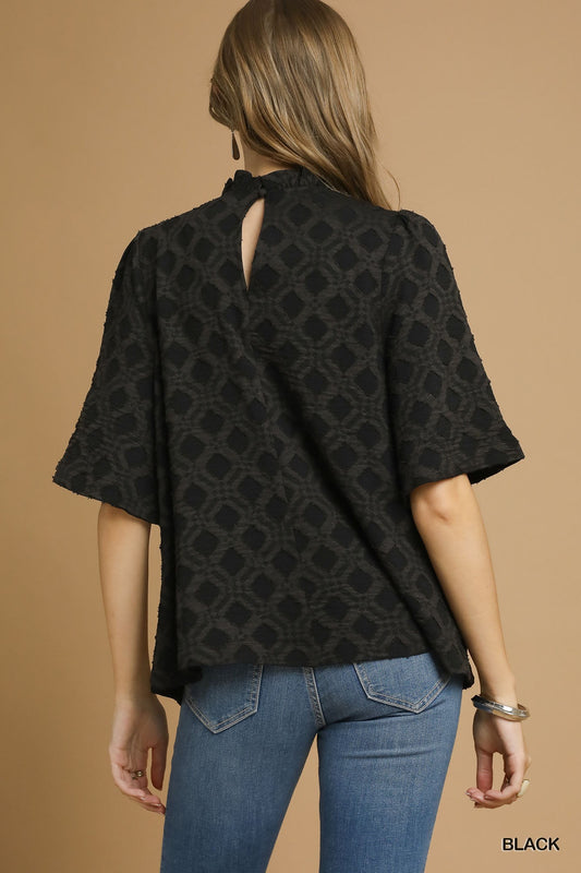 Textured Lattice Mock Neck Blouse