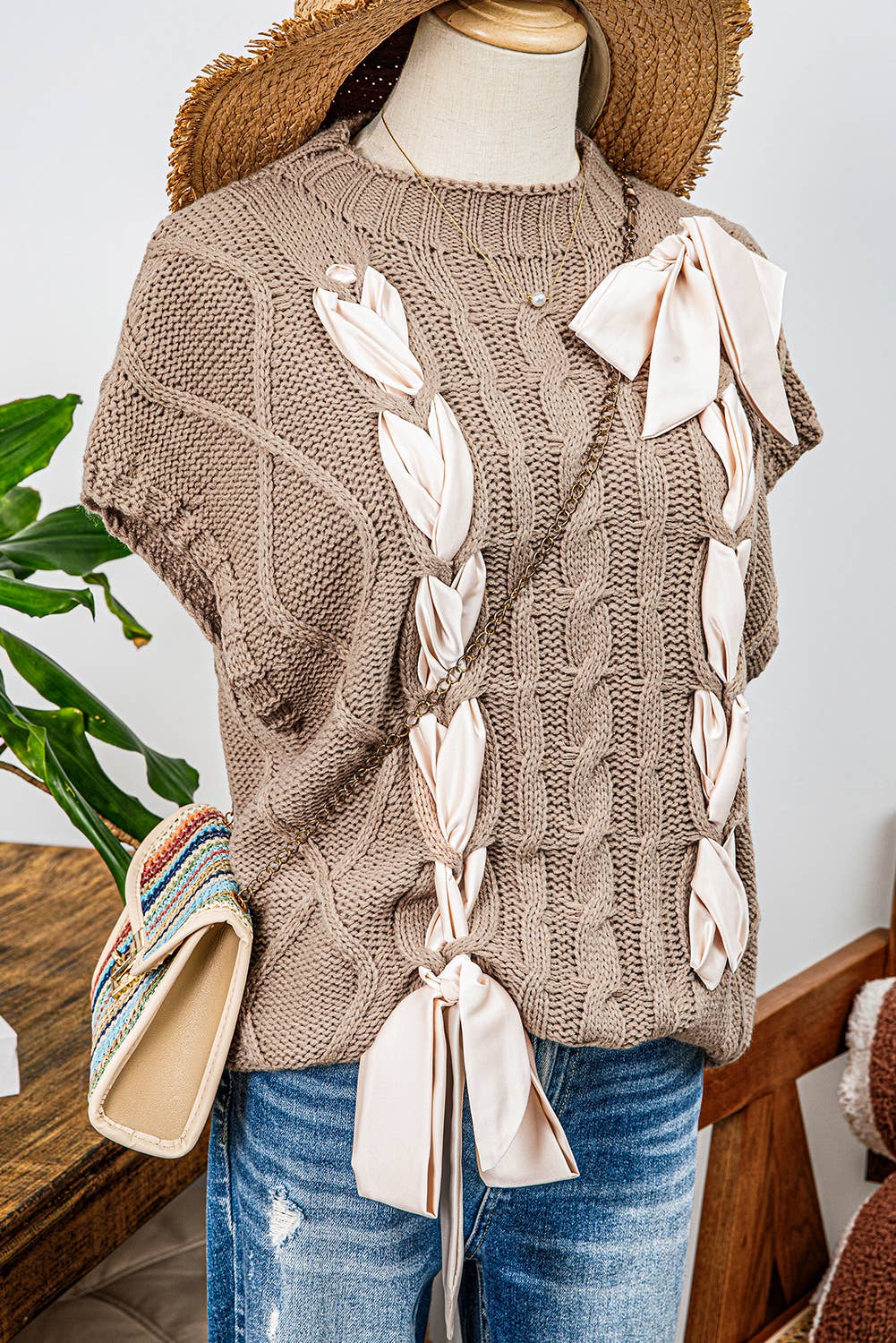 Cable Knit Satin Bowknot Short Sleeve Sweater