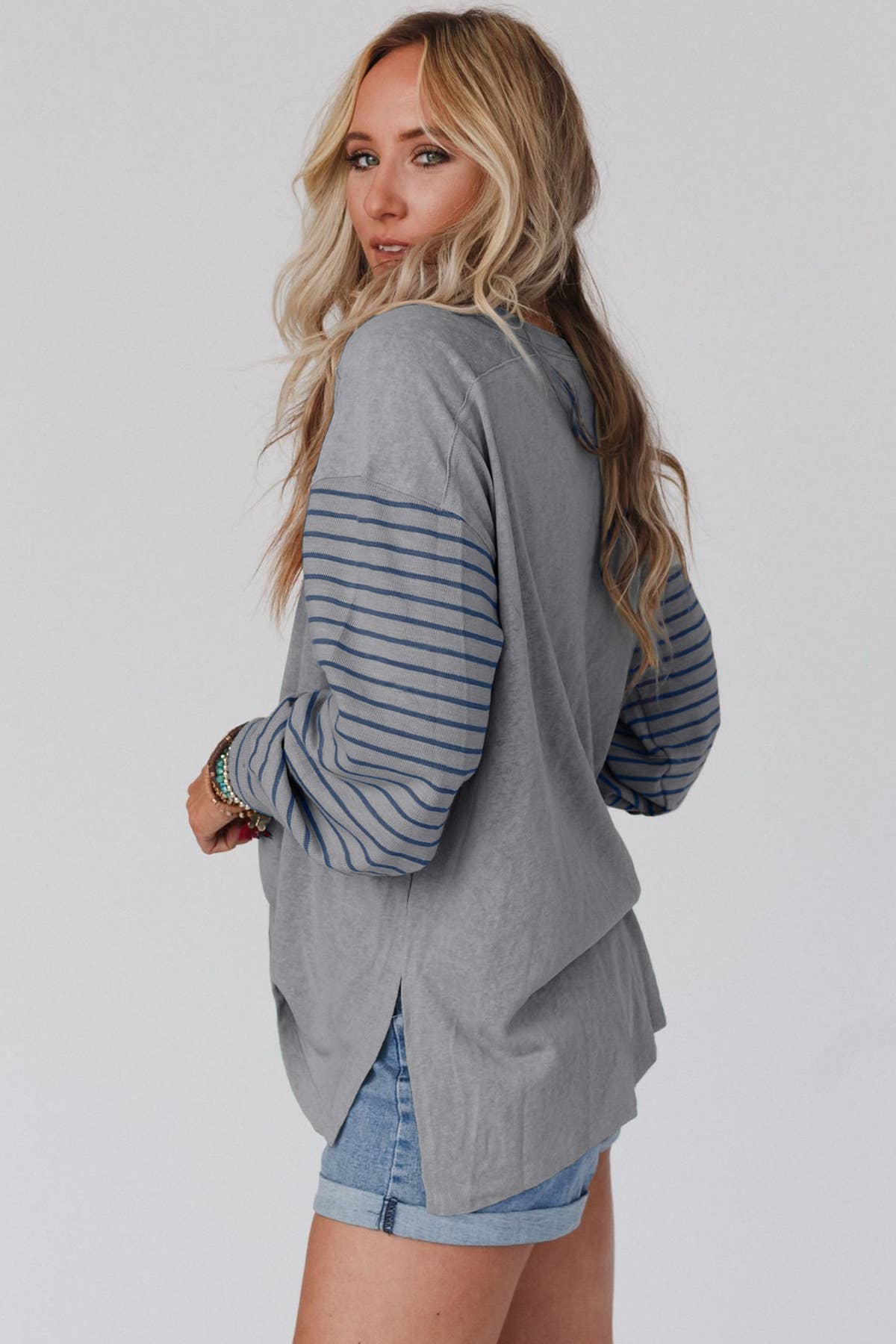 Multicolor Clashing Stripe Bishop Sleeve Top