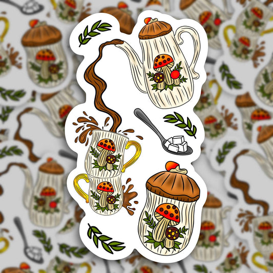 Merry Tea Time Mushrooms, Vintage Collector Sticker