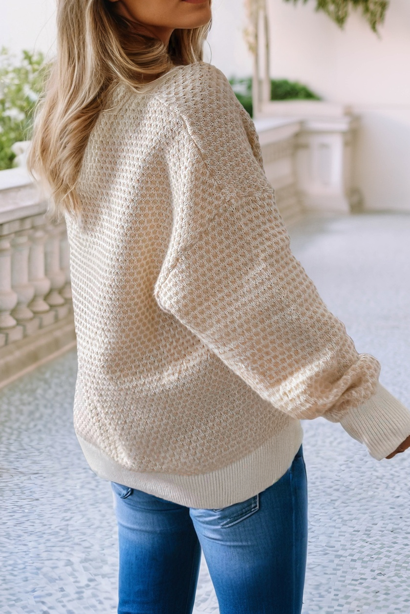 Button & Ribbed Henley Drop Shoulder Sweater