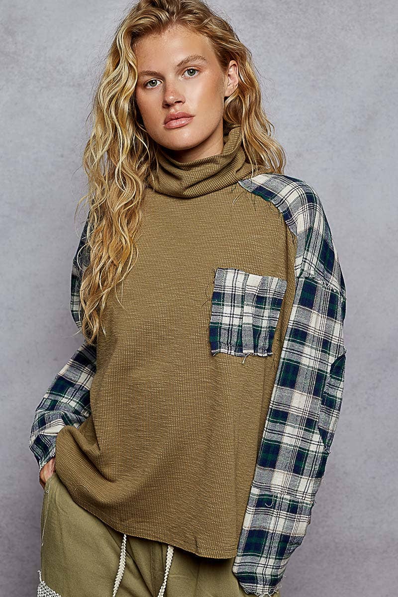 Cozy olive and tartan plaid turtleneck