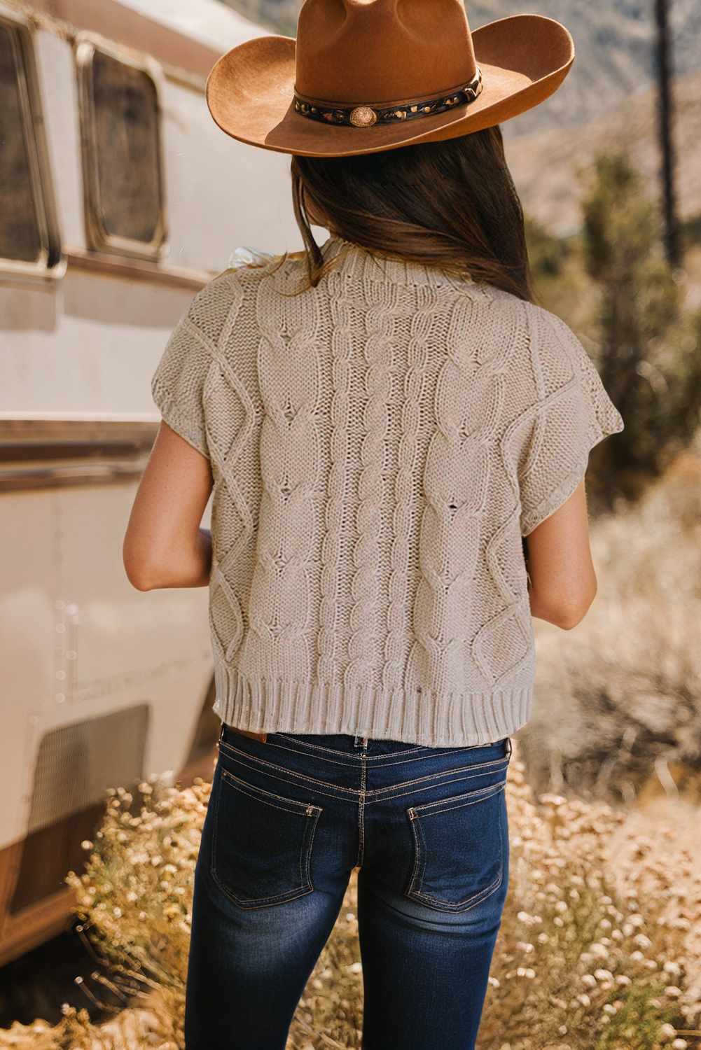 Cable Knit Satin Bowknot Short Sleeve Sweater