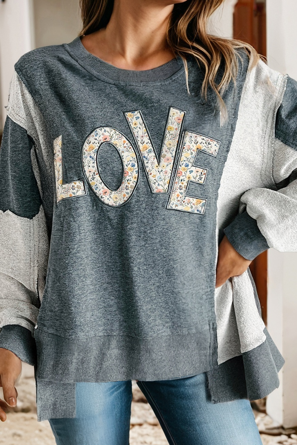 LDC LOVE Valentine Graphic Exposed Seam Patchwork Sweatshirt