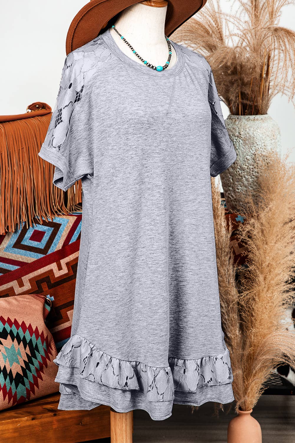Lace Floral Patchwork Ruffled T-shirt Dress
