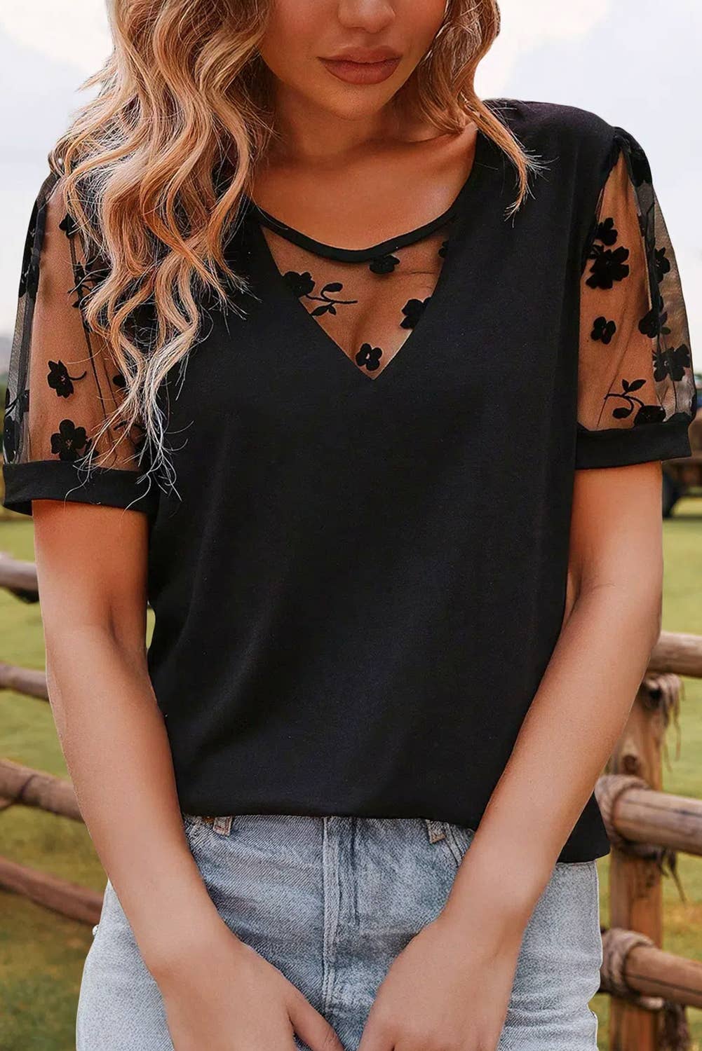 Floral Lace Patchwork Crew Neck T Shirt