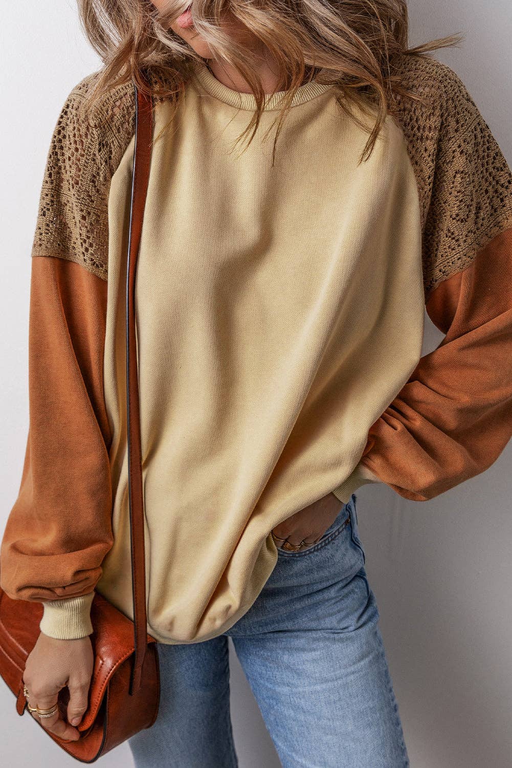 Lace Colorblock Drop Shoulder Sweatshirt