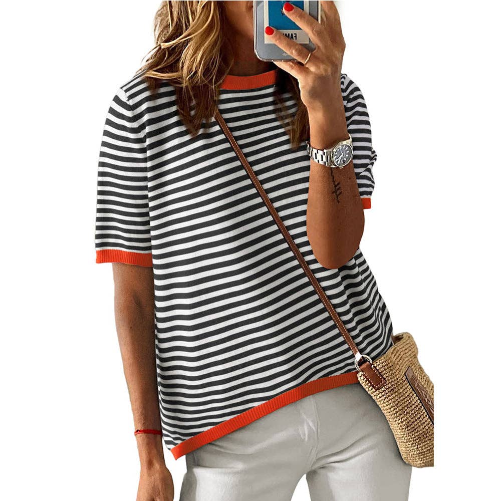 Crew Neck Striped Short Sleeve Sweater