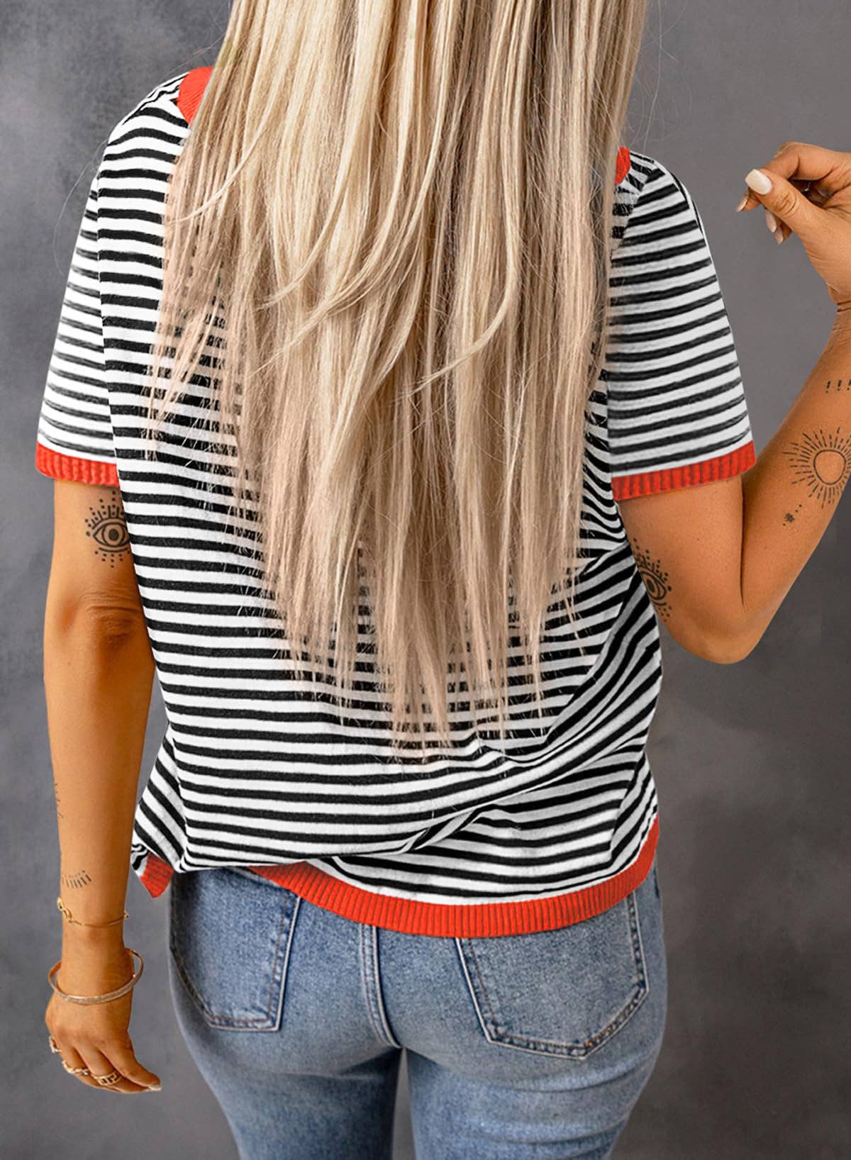Crew Neck Striped Short Sleeve Sweater