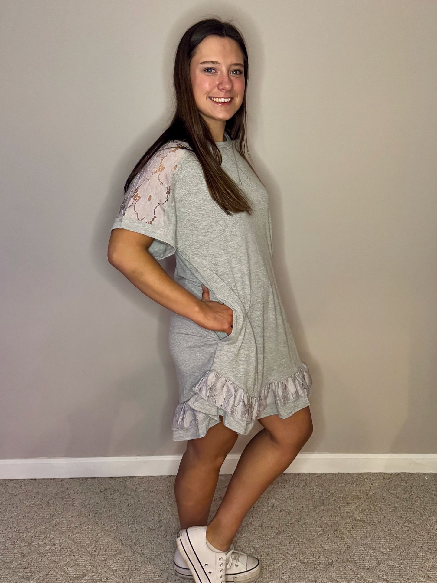 Lace Floral Patchwork Ruffled T-shirt Dress
