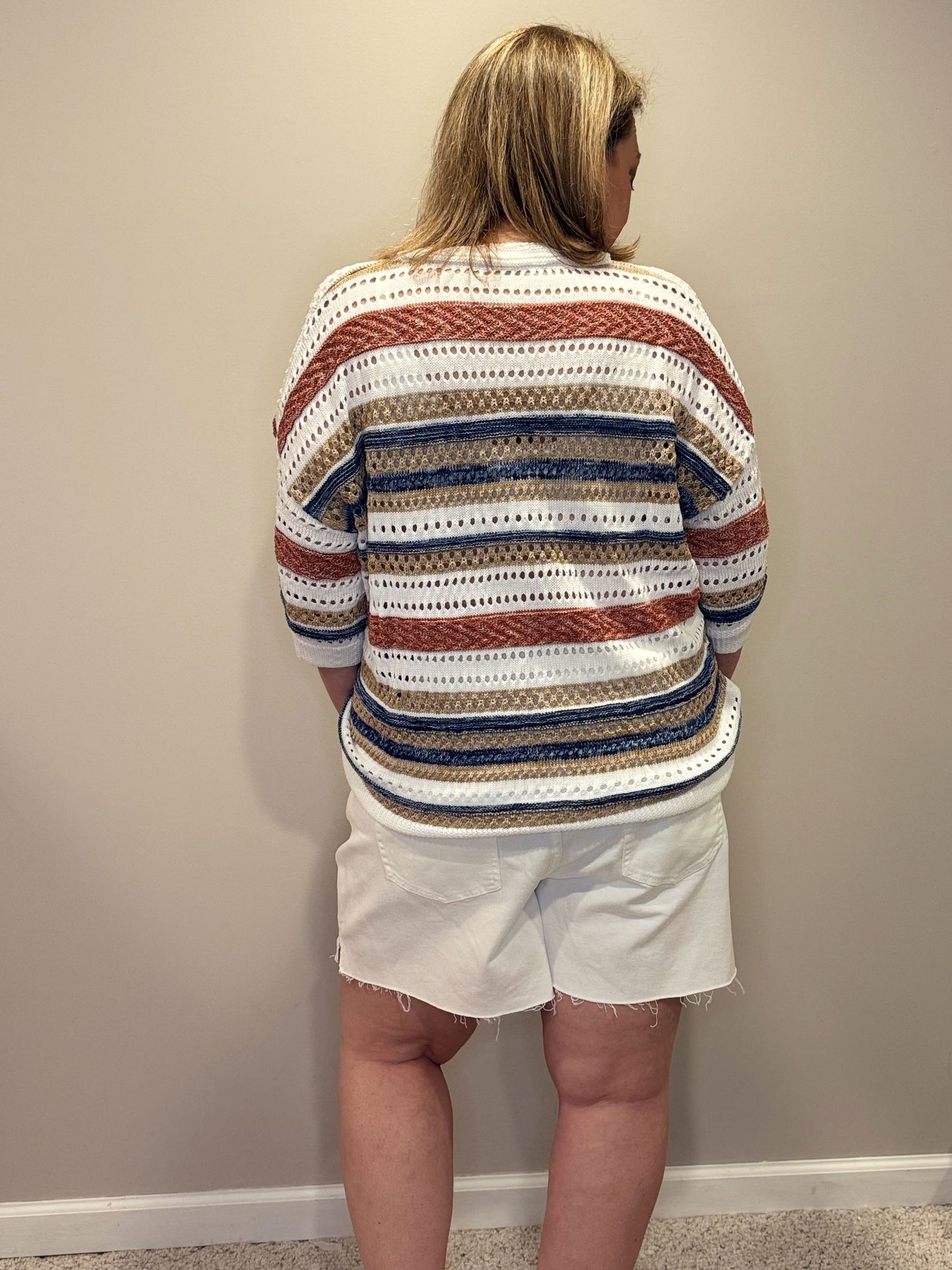 Stripe Hollow Out Half Sleeve Knitted Sweater