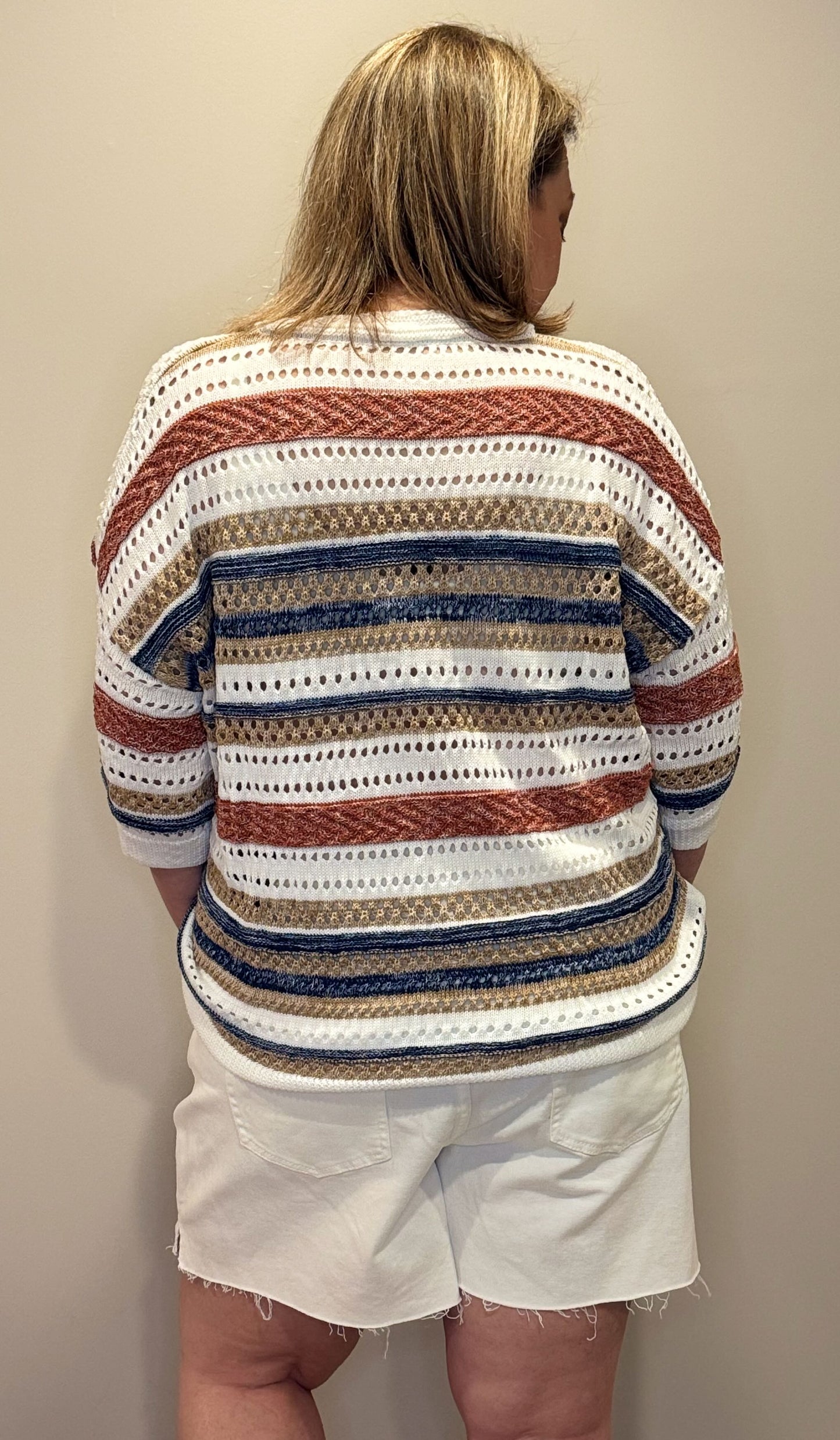 Stripe Hollow Out Half Sleeve Knitted Sweater