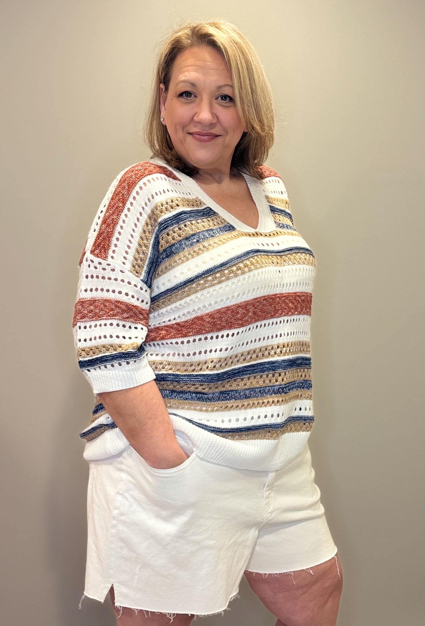Stripe Hollow Out Half Sleeve Knitted Sweater
