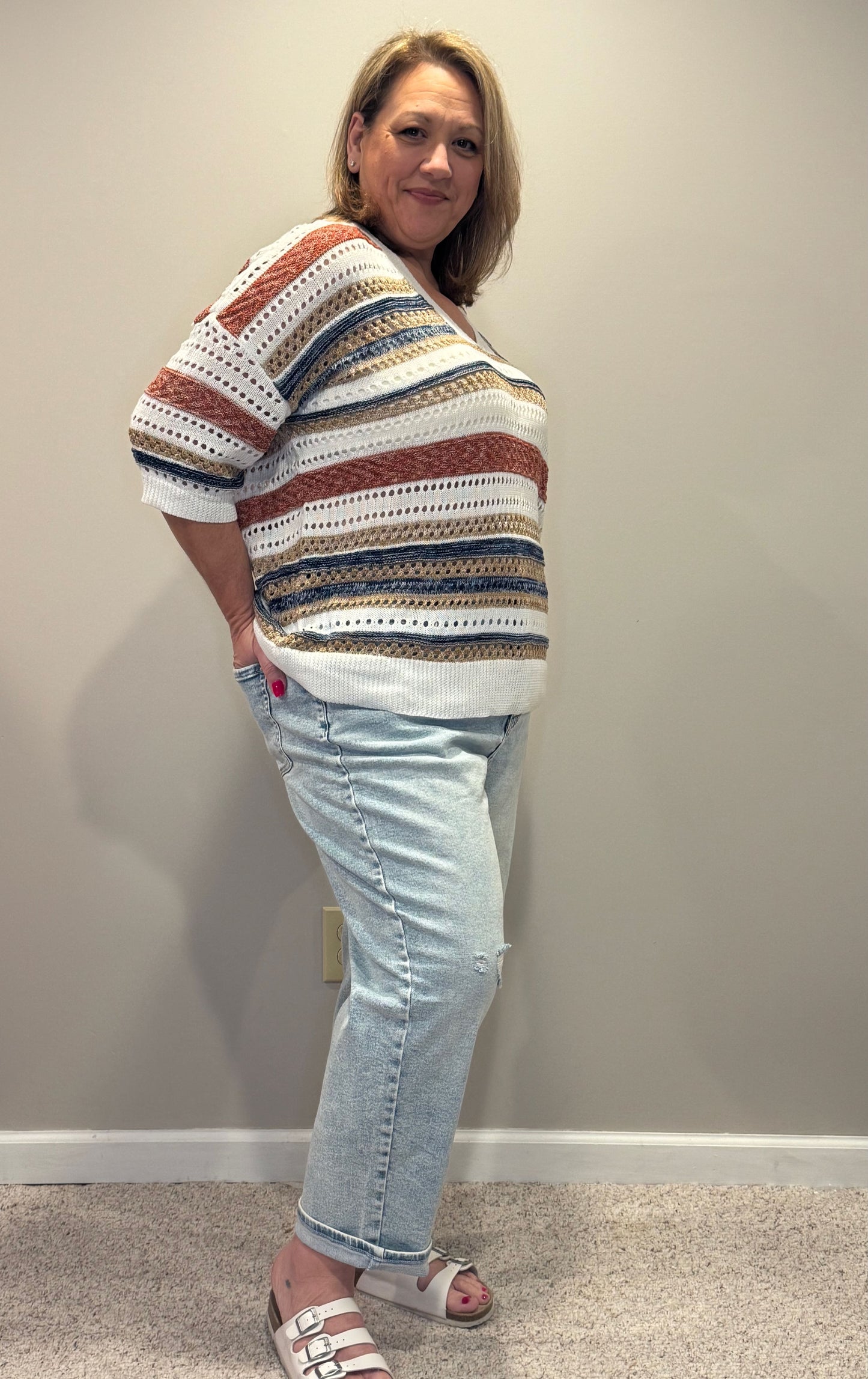Stripe Hollow Out Half Sleeve Knitted Sweater