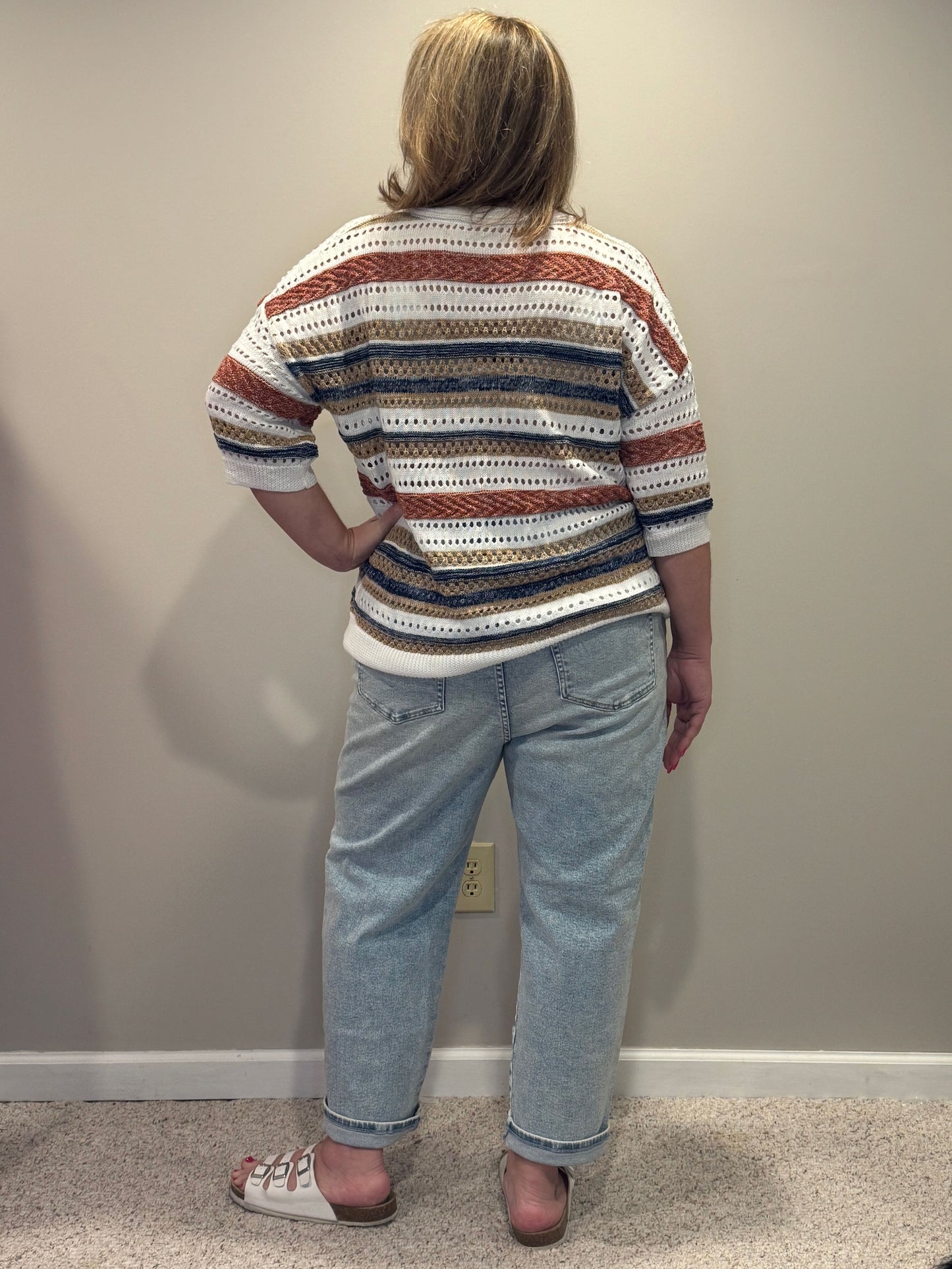 Stripe Hollow Out Half Sleeve Knitted Sweater