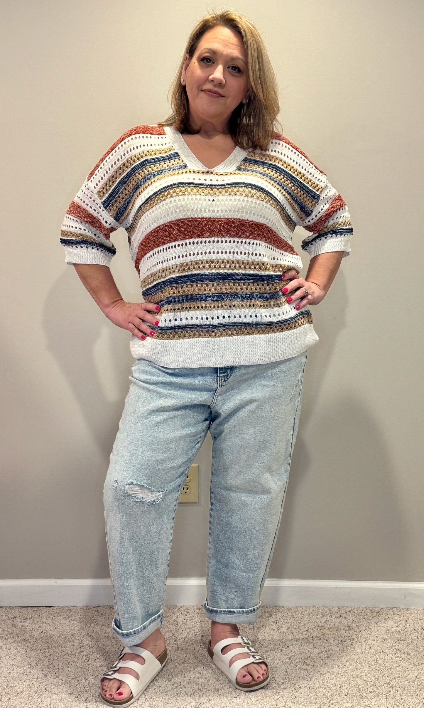 Stripe Hollow Out Half Sleeve Knitted Sweater