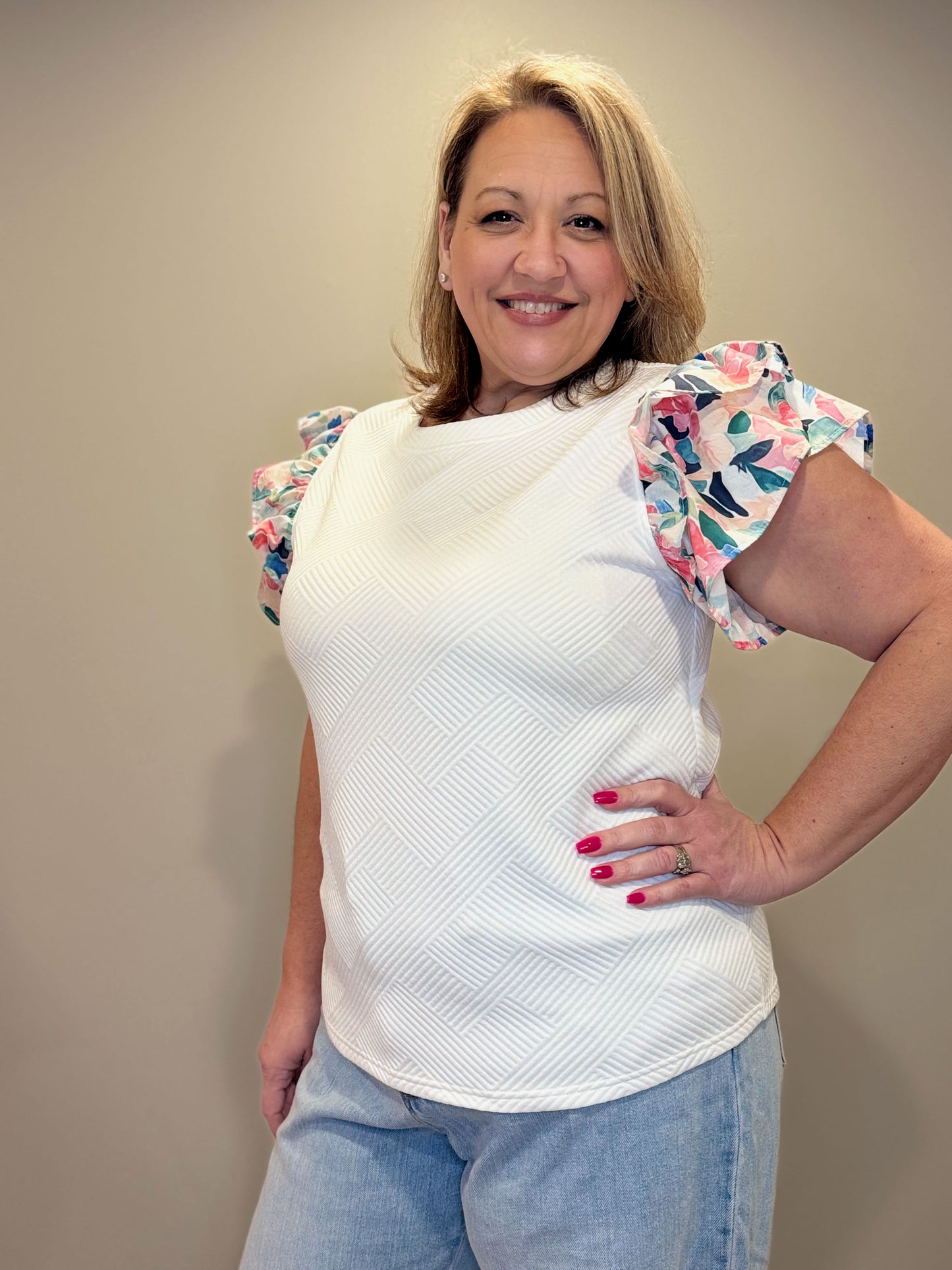 Abstract Tiered Ruffled Sleeve Textured Knit Top