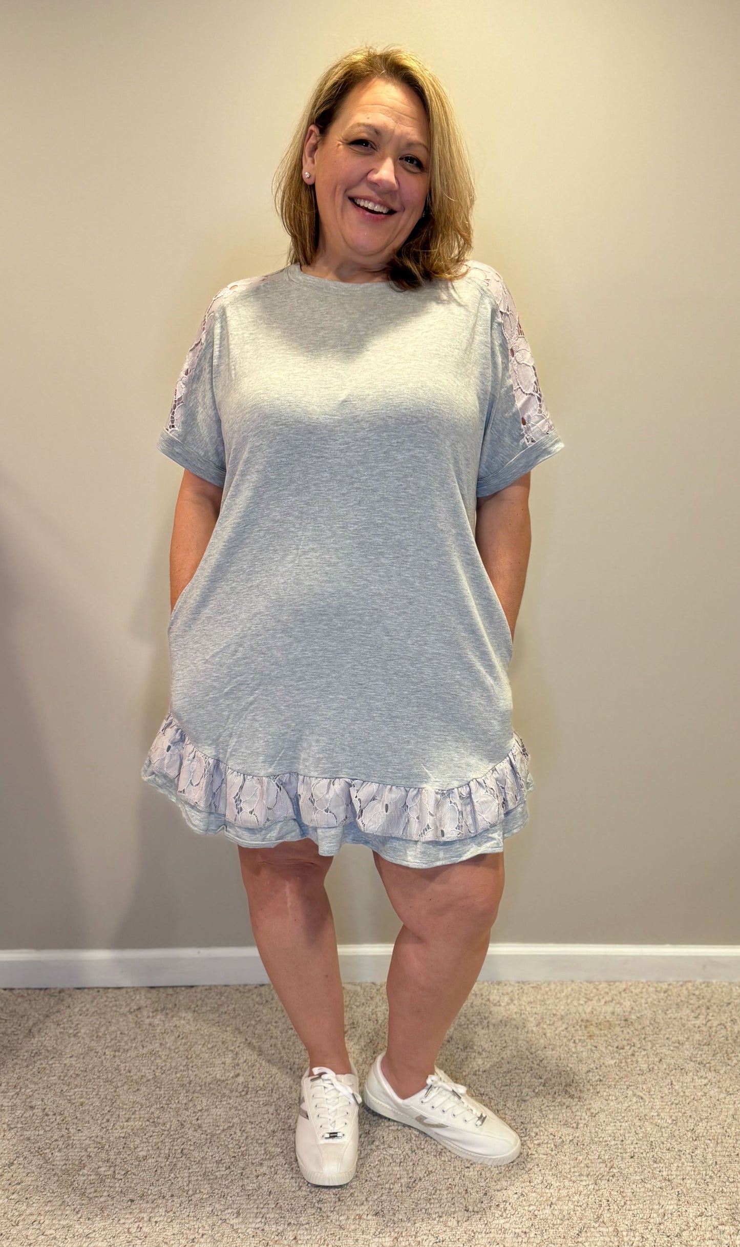 Lace Floral Patchwork Ruffled T-shirt Dress