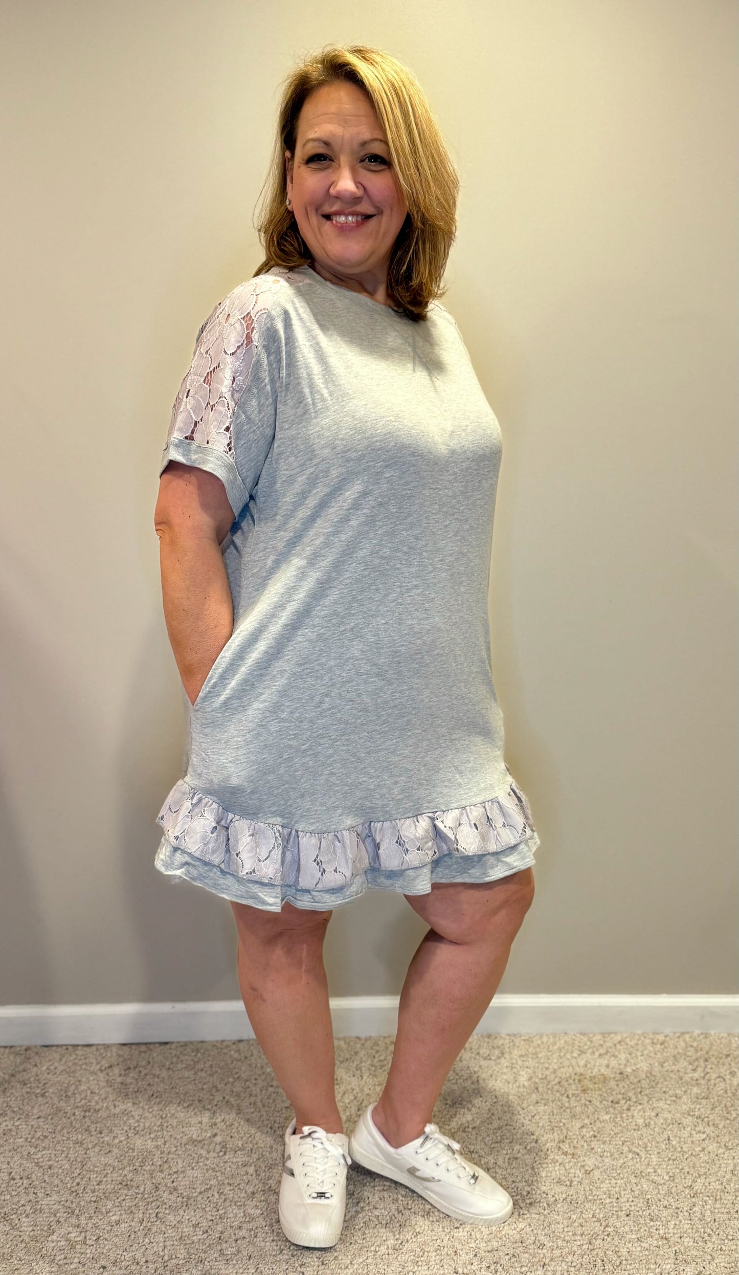 Lace Floral Patchwork Ruffled T-shirt Dress