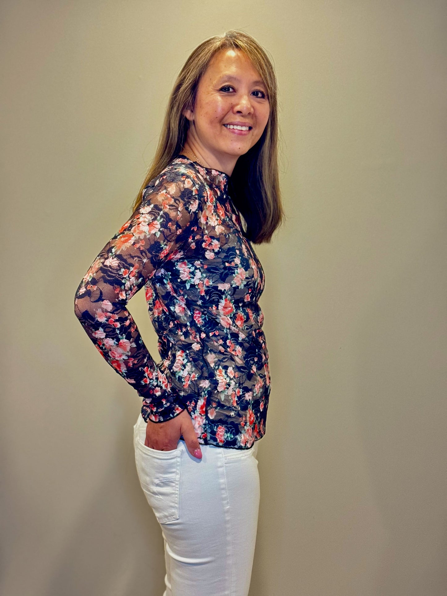 Floral Mesh Sheer Long Sleeve Top
