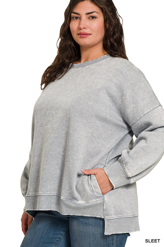 Acid-washed fleece sweatshirt with pockets