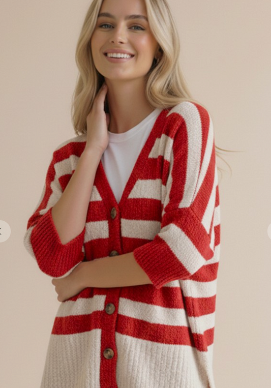 The Stay Awhile Cardigan - Stripe Popcorn Button Down Oversized Cardigan