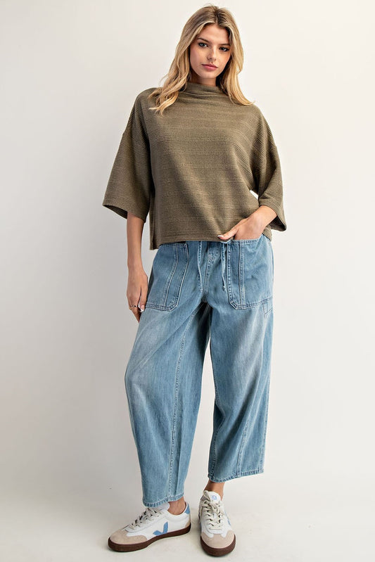 Fall's Best Textured Mock Neck Half Sleeve Top