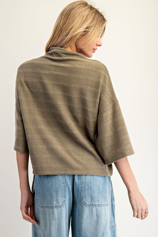Fall's Best Textured Mock Neck Half Sleeve Top