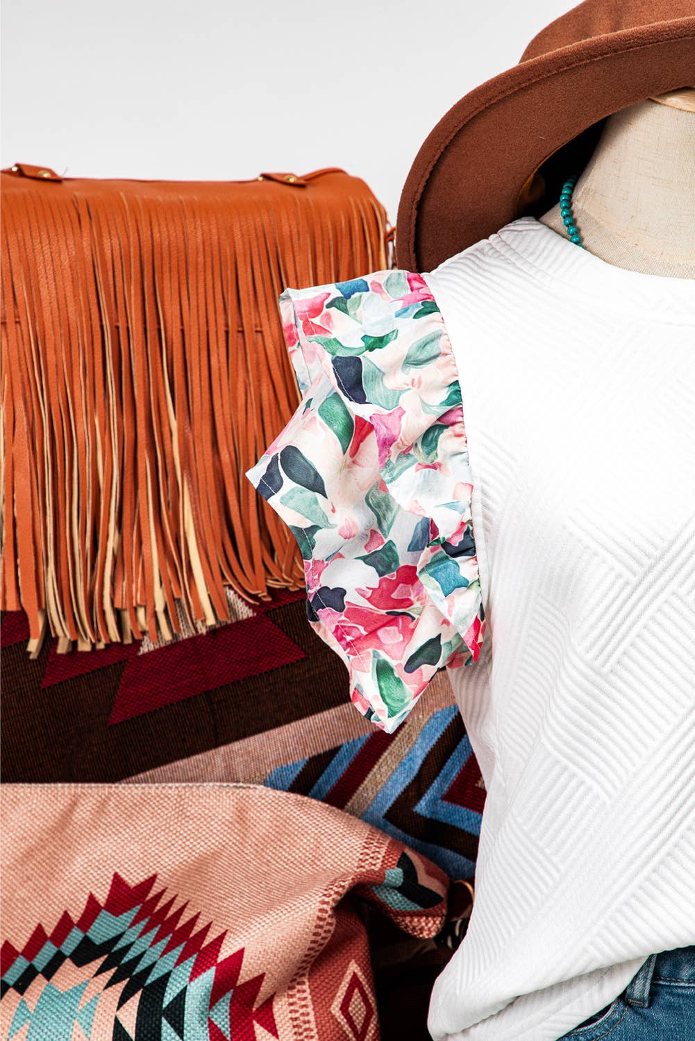 Abstract Tiered Ruffled Sleeve Textured Knit Top