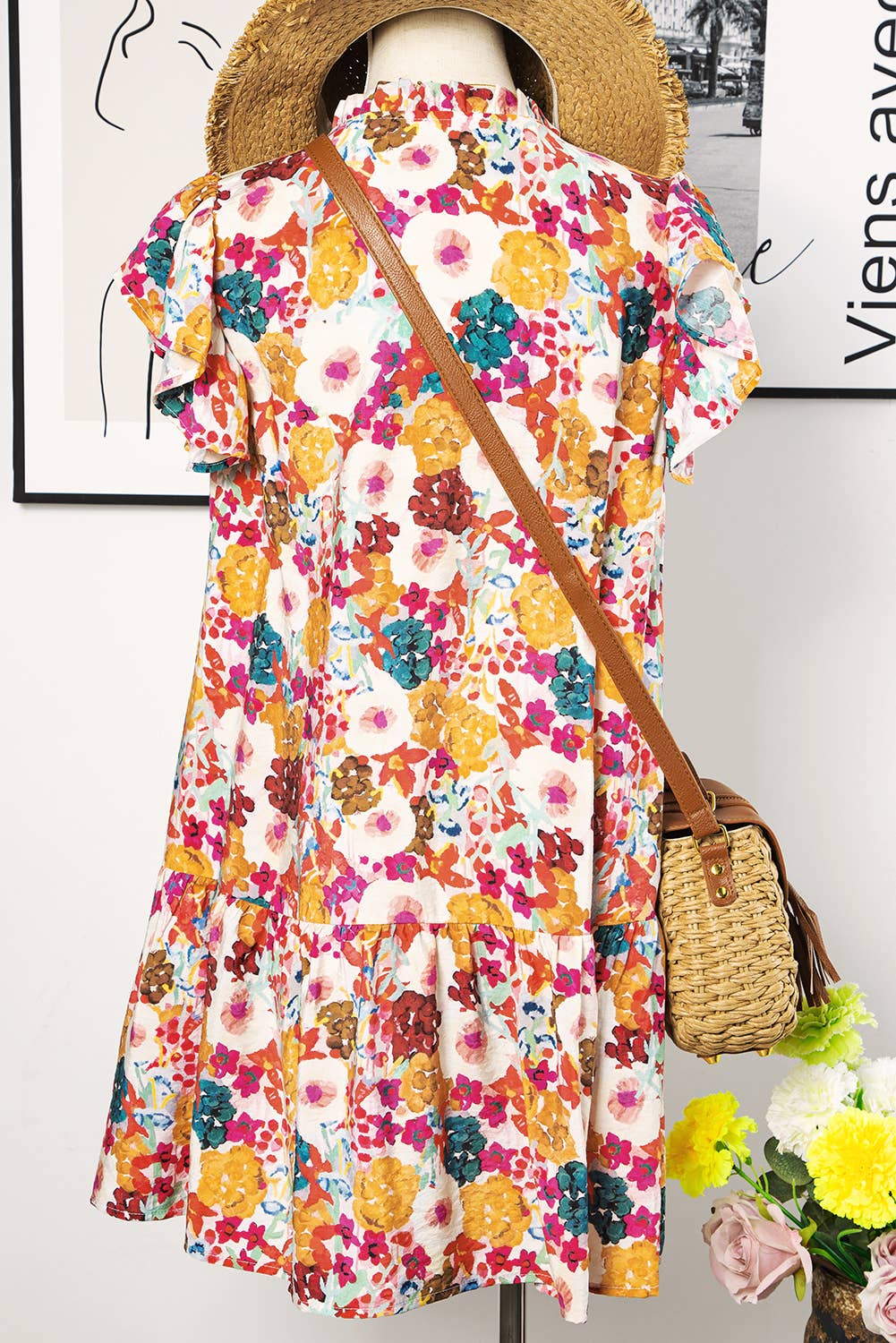 Floral Print Split Neck Flutter Sleeve Dress