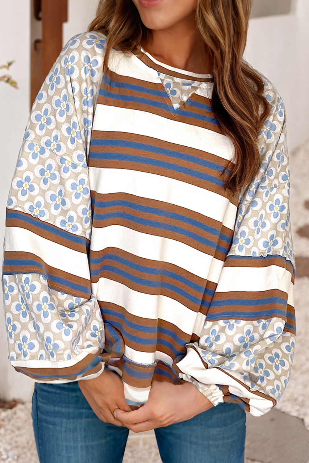 Patchwork Puff Sleeve Stripes and Floral Top