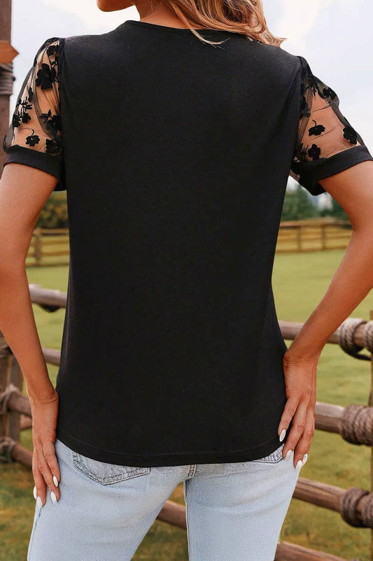 Floral Lace Patchwork Crew Neck T Shirt