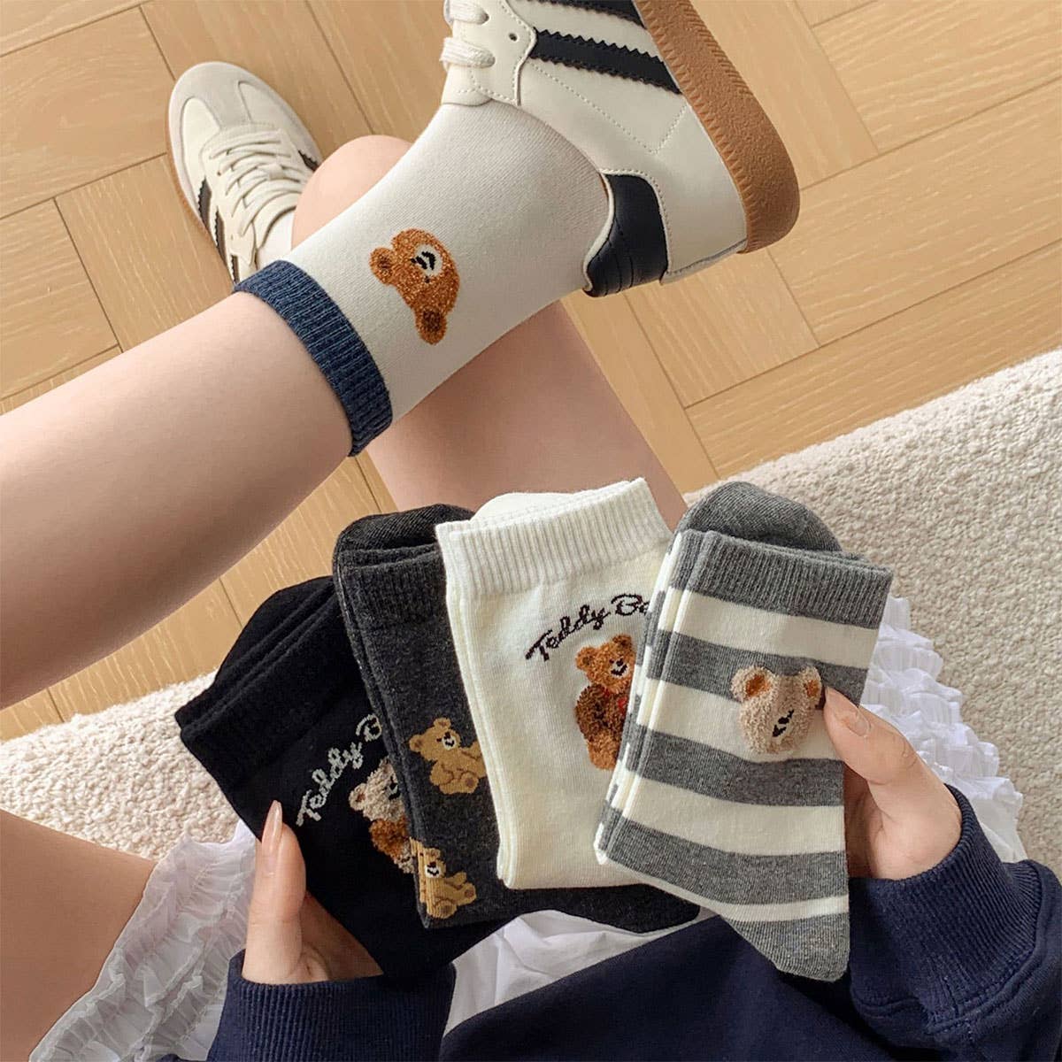 Bear Pattern Cotton Crew Socks