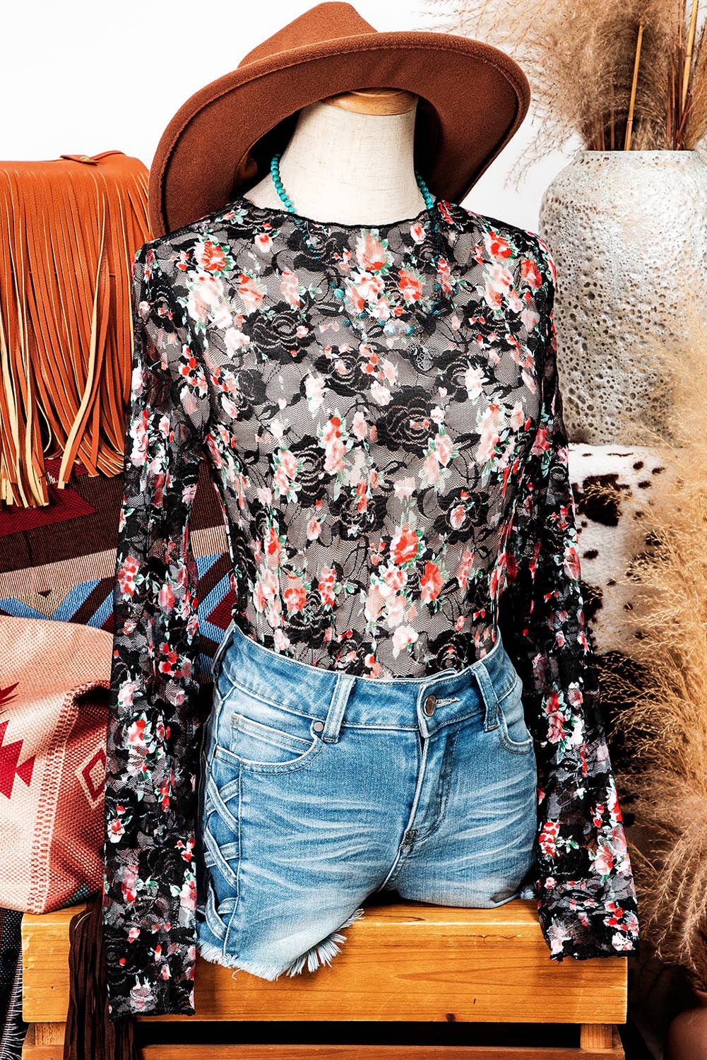 Floral Mesh Sheer Long Sleeve Top