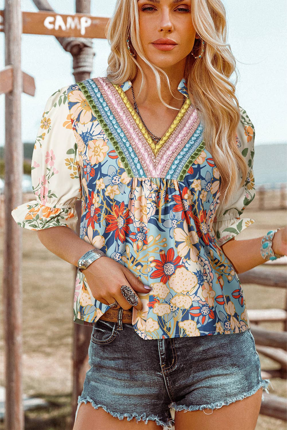 Crochet Boho Half Sleeve Floral Blouse