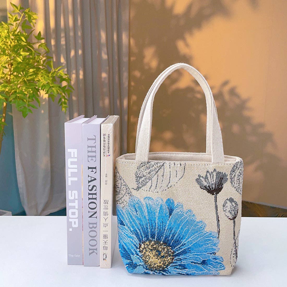 Blue Floral Embroidered Canvas Bag