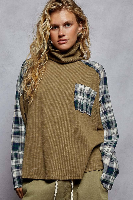 Cozy olive and tartan plaid turtleneck