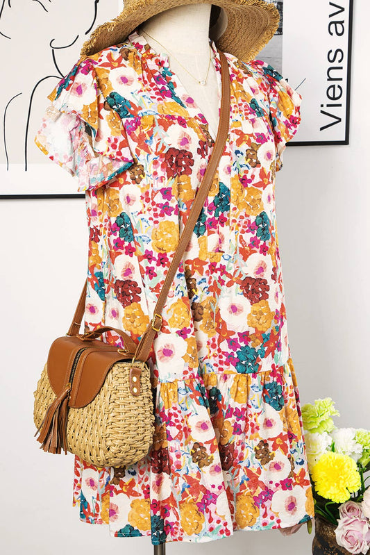 Floral Print Split Neck Flutter Sleeve Dress