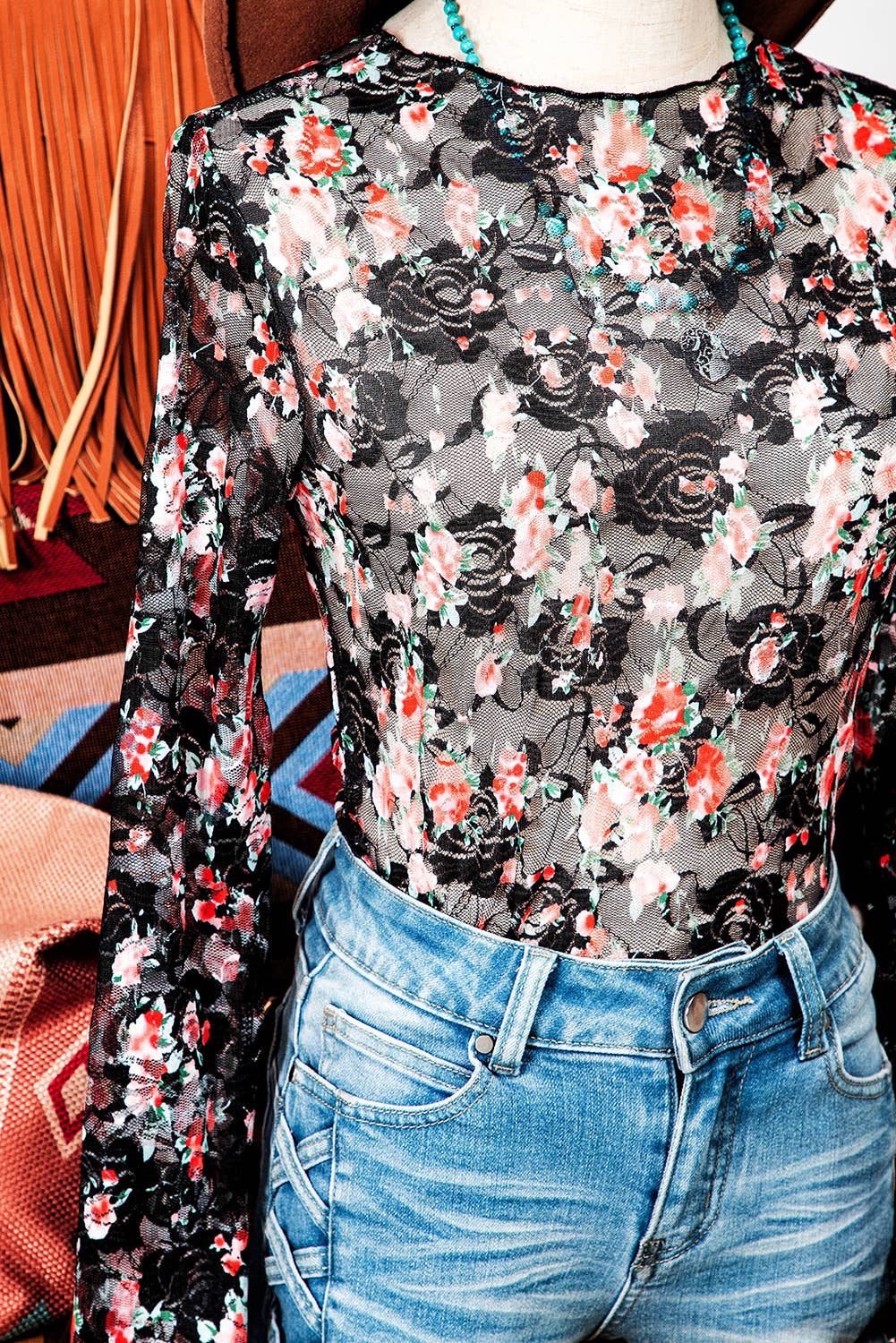 Floral Mesh Sheer Long Sleeve Top