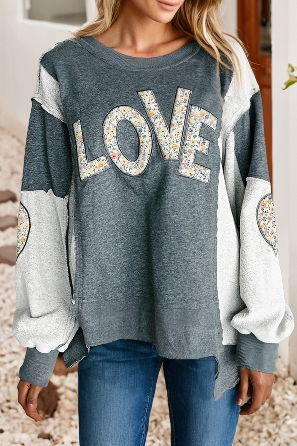 LDC LOVE Valentine Graphic Exposed Seam Patchwork Sweatshirt